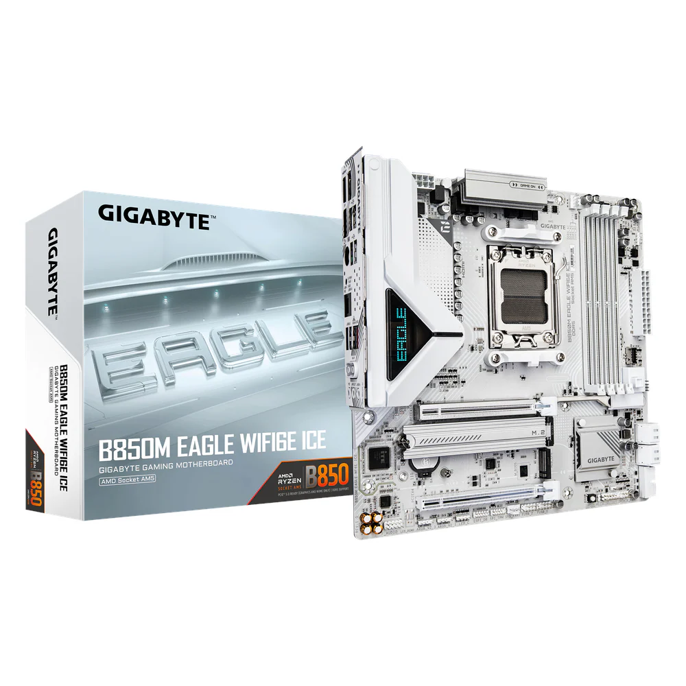 Gigabyte B850M EAGLE WIFI6E ICE WHITE Motherboard, Socket AM5, Micro ATX Form Factor, DDR5 Ram, PCIe 4.0, Wi-Fi 6E, Bluetooth v5.3, HDMI, Dual DisplayPort, Realtek 2.5Gb Ethernet, White, 1 Year Warranty