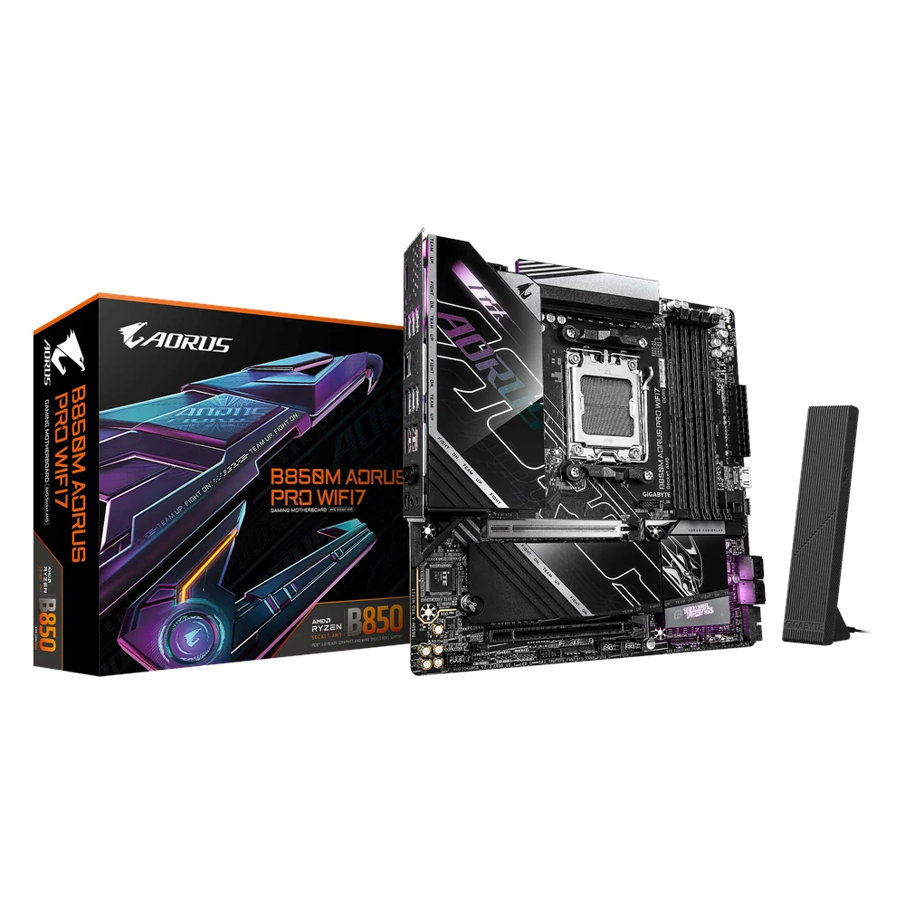 Gigabyte B850M AORUS PRO WIFI7 Motherboard, Socket AM5, mATX Form Factor, DDR5 Ram, PCIe 5.0, Wi-Fi 7, Bluetooth v5.4, HDMI, USB Type-C, Realtek 2.5Gb Ethernet, 1 Year Warranty