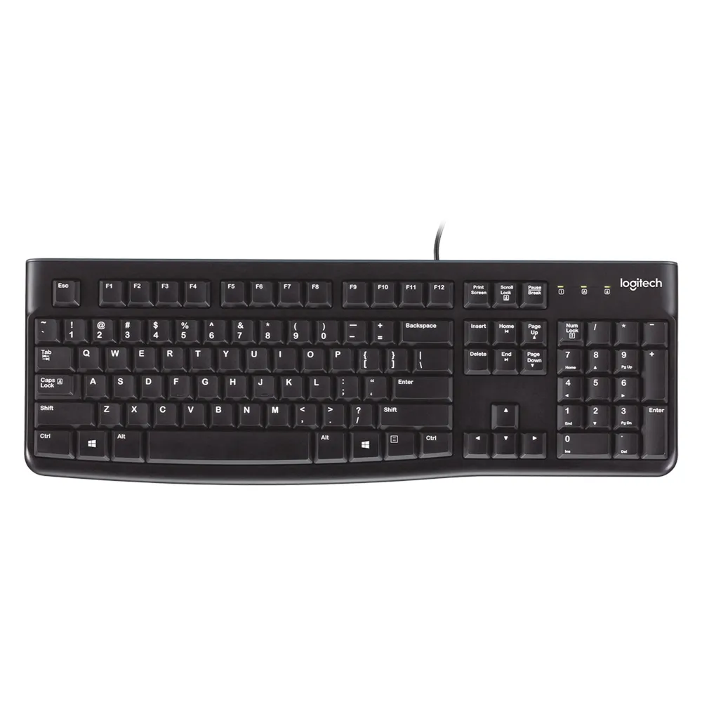Logitech K120 Wired Keyboard, USB, Spill-Resistant Design, 100% Keyboard Layout, Deep Profile Keys, 10-Key Number Pad, Black, 1 Year Warranty