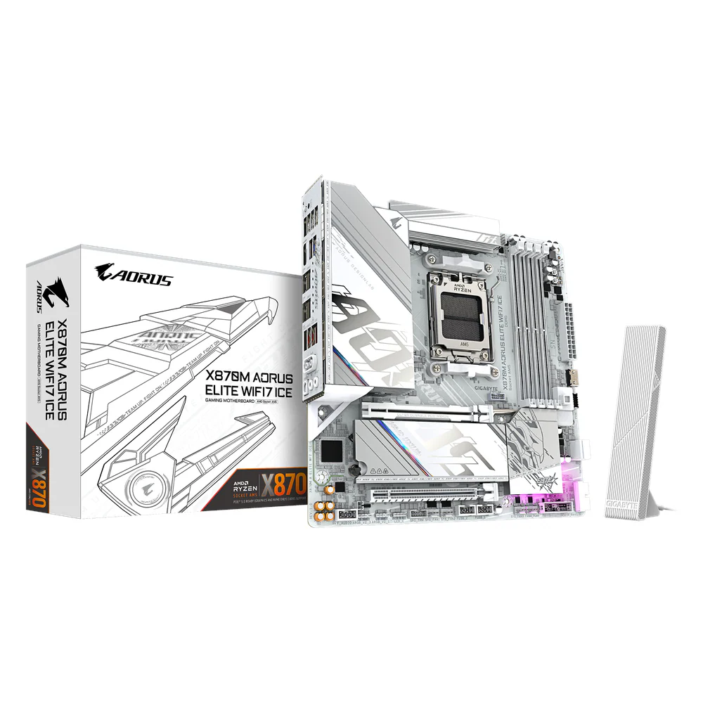 Gigabyte X870M AORUS ELITE WIFI7 ICE WHITE Motherboard, Socket AM5, Micro ATX Form Factor, DDR5 Ram, PCIe 5.0, Wi-Fi 7, Bluetooth v5.4, HDMI, Dual USB4 Type-C, Realtek 2.5Gb Ethernet, White, 1 Year Warranty