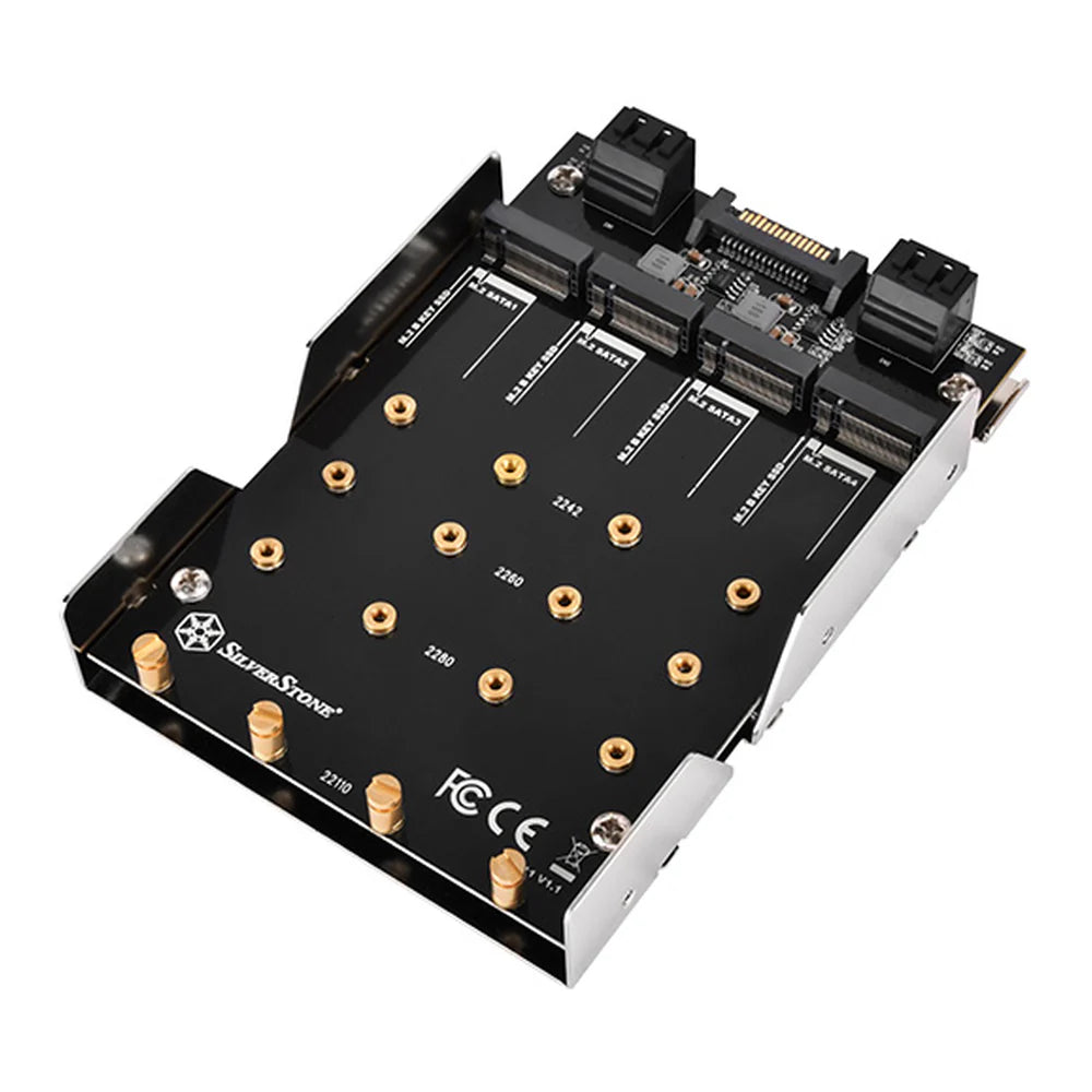 SilverStone 3.5" Drive Bay to Quad M.2 SATA SSD Adapter Enclosure, Supports Up to 4 x M.2 SATA-based SSDs, 1 x 15-Pin SATA Power Connector, Up to 6 Gbps Speed Per Port, Silver, 1 Year Warranty