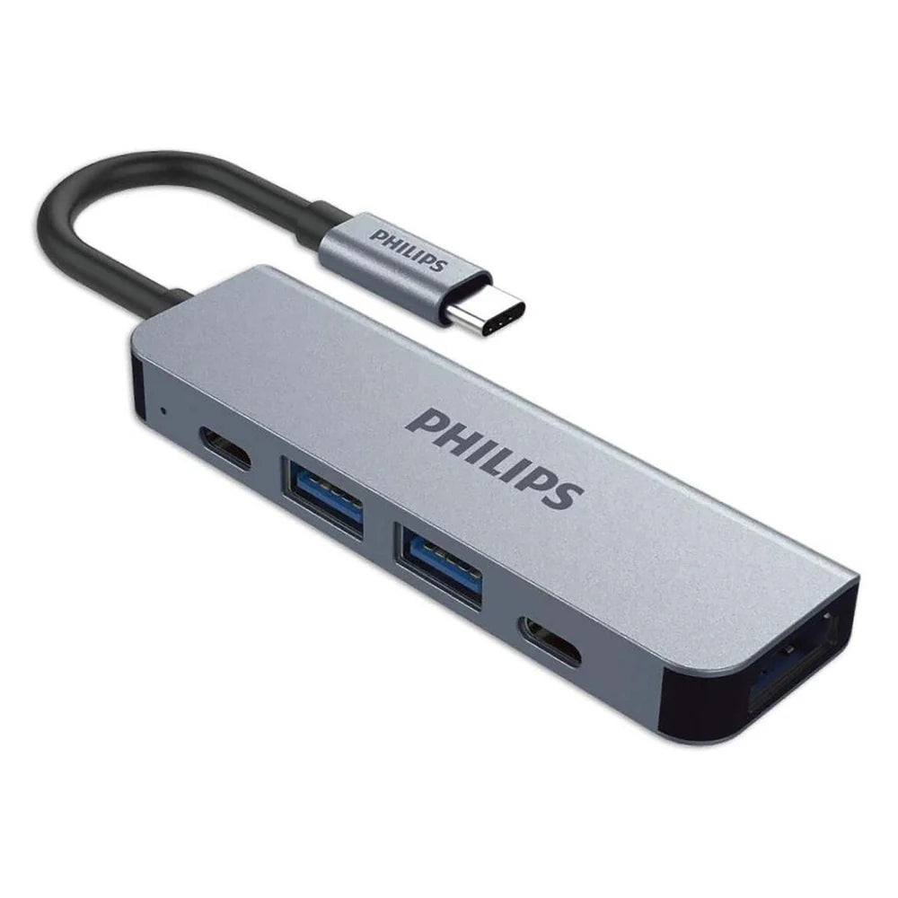 Philips 5-in-1 USB-C Hub, 100W Power Delivery Pass-Through, 4K HDMI, USB-A, USB-C Data, Aluminum Housing, Ultra-Slim Travel Design, 1 Year Warranty