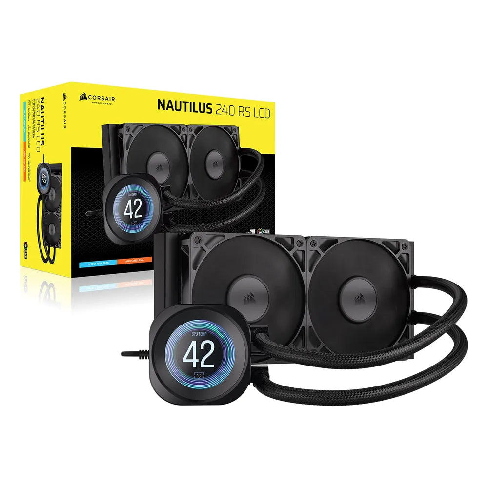 Corsair Nautilus 240 RS LCD Liquid CPU Cooler, 2.1" IPS LCD Screen, 240 mm Radiator, Copper Cold Plate, Supports Intel, AMD Sockets, PWM Fans, Black, 1 Year Warranty