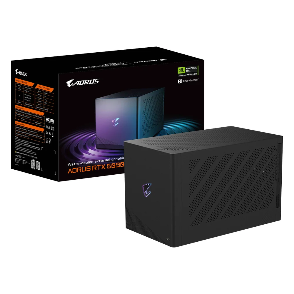 GIGABYTE AORUS RTX 5090 AI BOX Water-Cooled External Graphics Card, 2407 GPU Clock, 32GB GDDR7 RAM, Thunderbolt 5, 850W Power Supply, Smart Deploy Multi-GPU, 1 Year Warranty