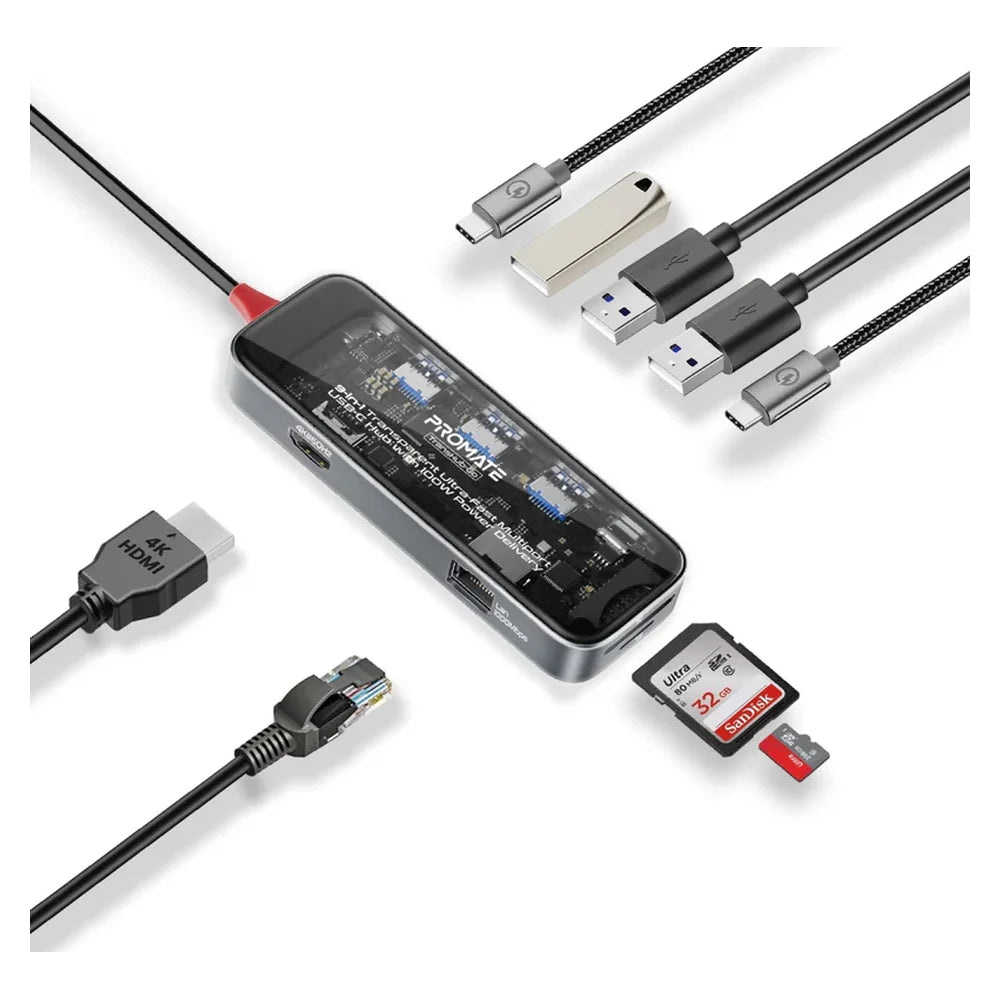 Promate 9-in-1 USB-C Multiport Hub, HDMI, Gigabit Ethernet, SD/TF Card Reader, 100W PD, 1 Year Warranty