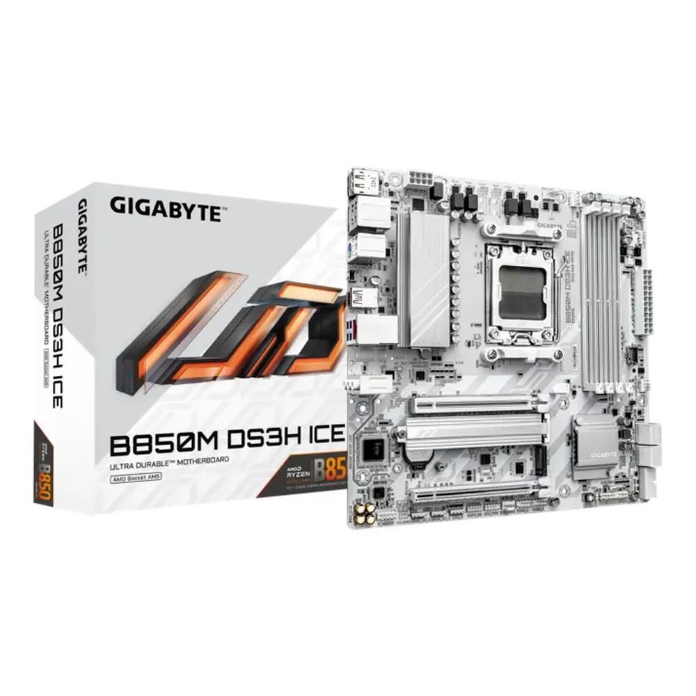 Gigabyte B850M DS3H ICE Motherboard, Socket AM5, mATX Form Factor, DDR5 Ram, PCIe 5.0, HDMI, Dual DisplayPort, Realtek 2.5Gb Ethernet, USB 3.2 Gen 2 Type-C, 1 Year Warranty