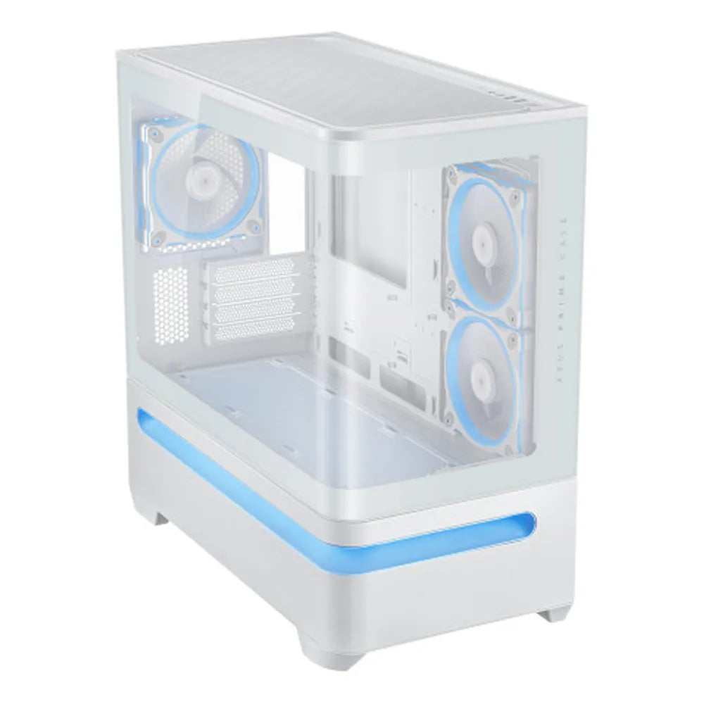 Asus Prime AP202 ARGB mATX Tower PC Case, Curved Tempered Glass Panel, Innovative Slot Vent, Integrated ARGB light band, 1 x 120 mm ARGB Fan, 420mm GPU Support, USB 3.2 Gen 2, White, 1 Year Warranty