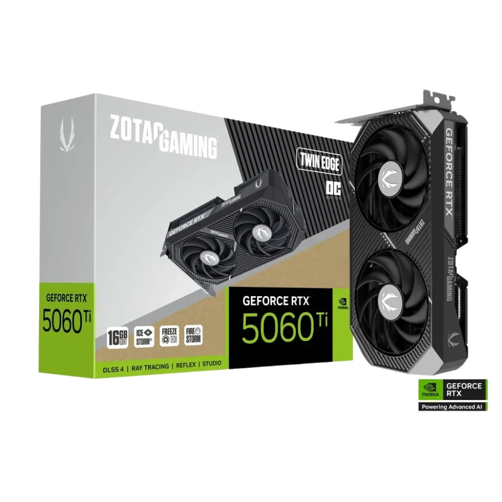 Zotac GeForce RTX 5060 Ti 16GB Twin Edge OC Graphics Card, 16GB GDDR7, 128-bit Memory, HDMI 2.1b & DP 2.1b, PCI Express 5.0, 2602 MHz Core Clock, 28 Gbps, 1 Year Warranty