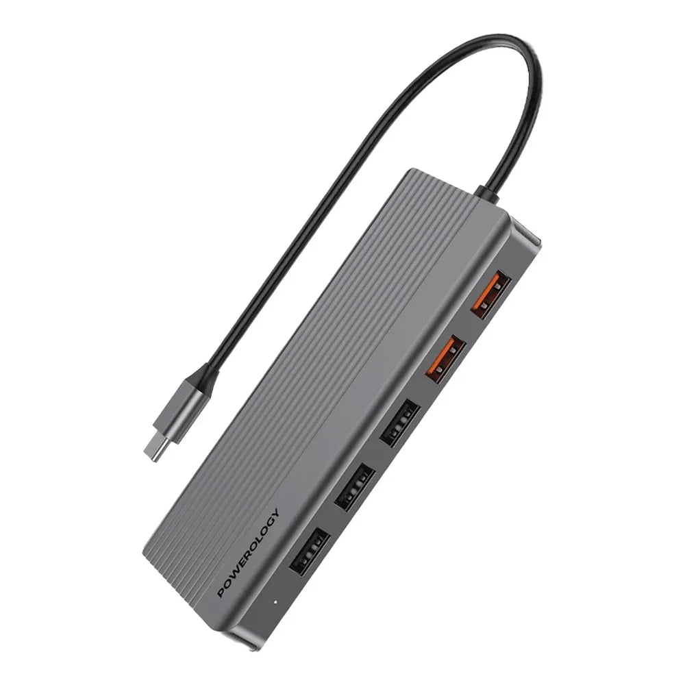 Powerology 12-in-1 USB-C Hub, 100W Power Delivery, Dual 4K Display Support, HDMI, DisplayPort, USB-A 3.2, USB-A 2.0, Gigabit Ethernet, SD/MicroSD Card Slot, 3.5mm Aux, Grey, 1 Year Warranty