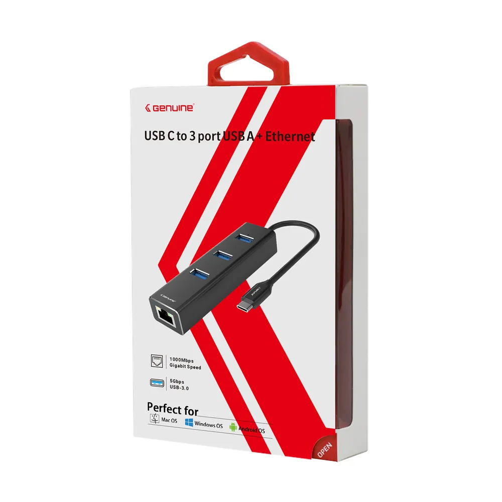 Genuine USB C to 3*USB A + RJ45 Adapter, 180mm Cable Length, Input USB-C 3.0, Black/Silver/Customized, 1 Year Warranty