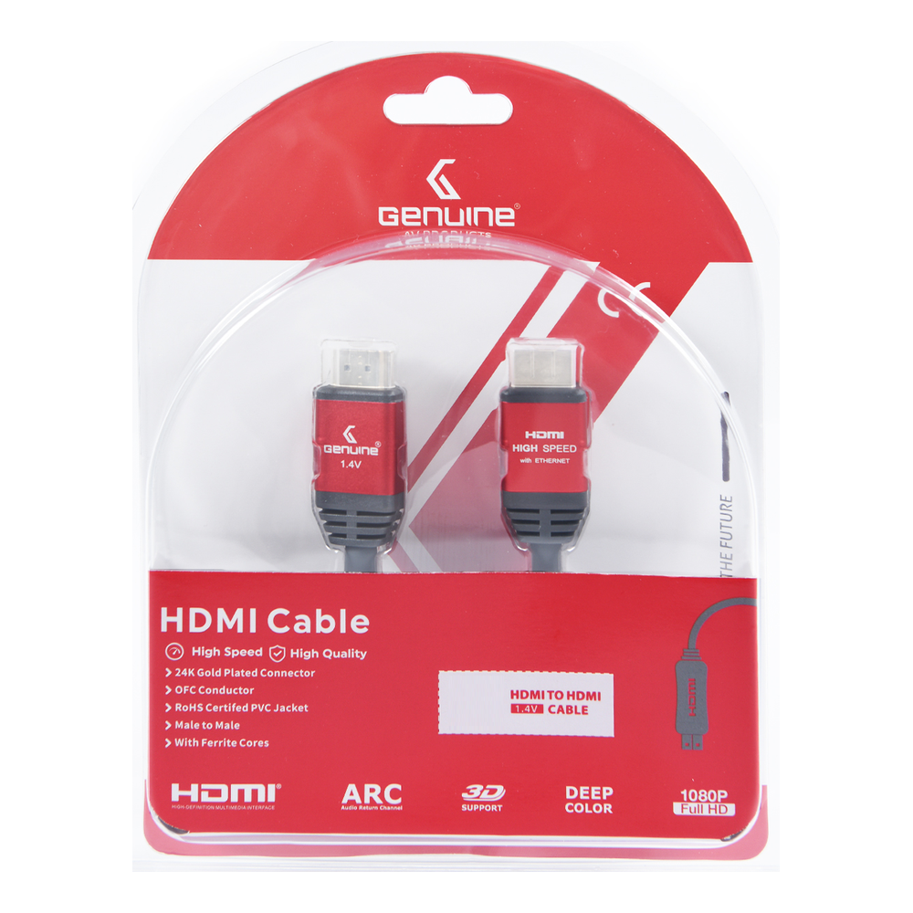 Genuine HDMI To HDMI Cable, Version 1.4, Supports 1080p, Cable Length 1M, 2 x Ferrite Cores, 1 Year Warranty