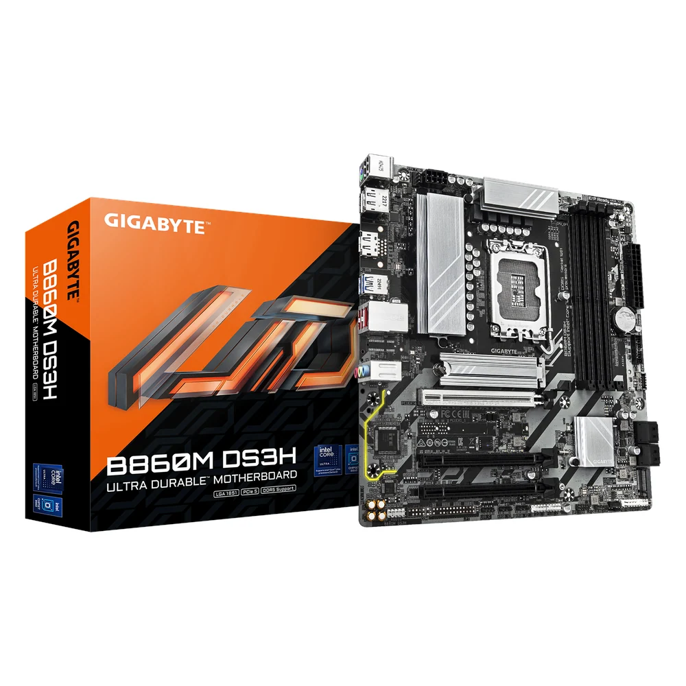 Gigabyte B860M DS3H Motherboard, LGA1851 Socket, mATX Form Factor, DDR5 Ram, PCIe 5.0, HDMI, DisplayPort, Realtek 2.5Gb Ethernet, 1 Year Warranty
