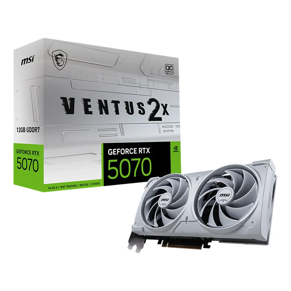 MSI GeForce RTX 5070 VENTUS 2X OC White Graphics Card, GDDR7 12GB 192-bit Memory, HDMI & DP Outputs, PCI Express 5.0, 2557 MHz Engine Clock, 28 Gbps Memory Clock, White, 1 Year Warranty