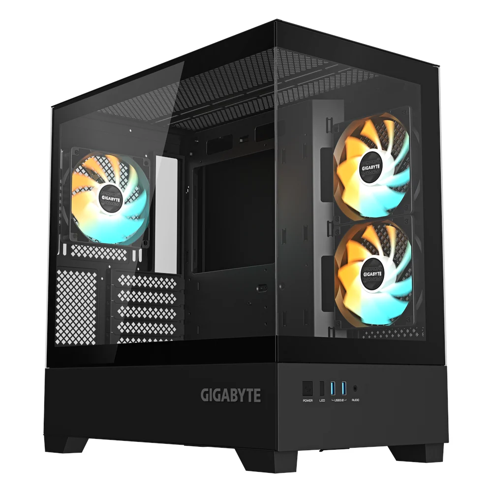 GIGABYTE C201 Panoramic Micro-ATX Gaming Case, Black, Tempered Glass, ARGB Fans Included, Optimized Airflow Design, Up To 410mm GPU Support, Black, 1 Year Warranty