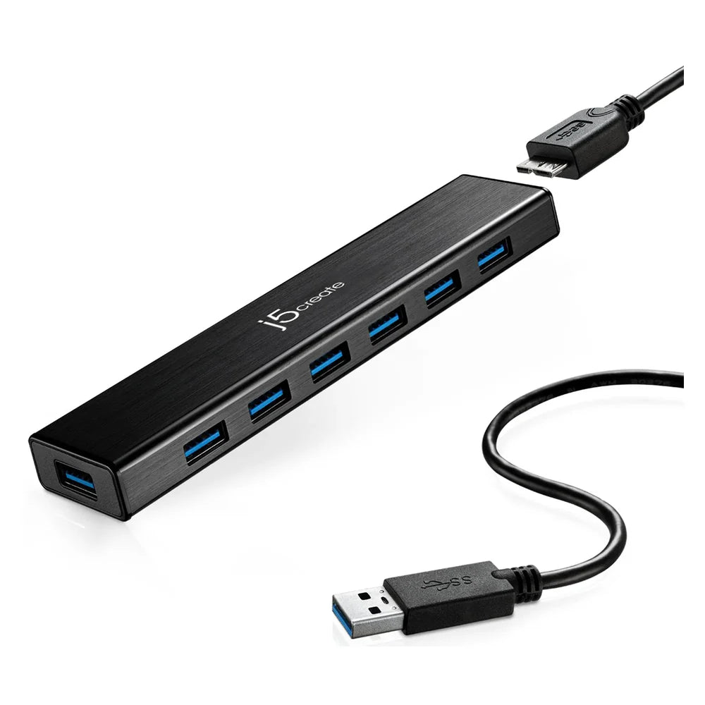 j5create 7-Port USB 3.0 Hub, 5Gbps Data Transfer, External Power Adapter, Premium Aluminum Housing, Compact Design, 1 Year Warranty