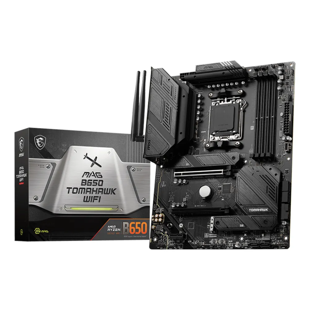 MSI MAG B650 Tomahawk WIFI Gaming Motherboard, AM5 Socket, ATX Form Factor, DDR5 Ram, PCIe 4.0, USB 20Gbps, HDMI, DP, Wi-Fi 6E, Bluetooth, Realtek 2.5Gb Ethernet, M.2 Shield Frozr, Extended Heatsink Design, 1 Year Warranty