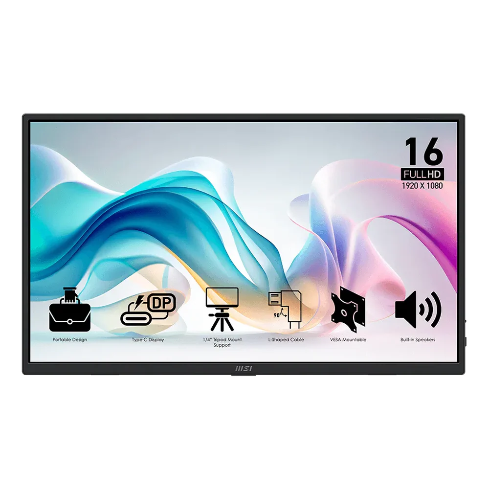 MSI PRO MP165 E6 Portable Monitor, 15.6" FHD (1920 x 1080) Resolution, 60Hz, Anti-glare, 4ms (GTG) Response Time, HDMI, USB-C, Built-in Speakers, Adjustable Stand, Black, 1 Year Warranty