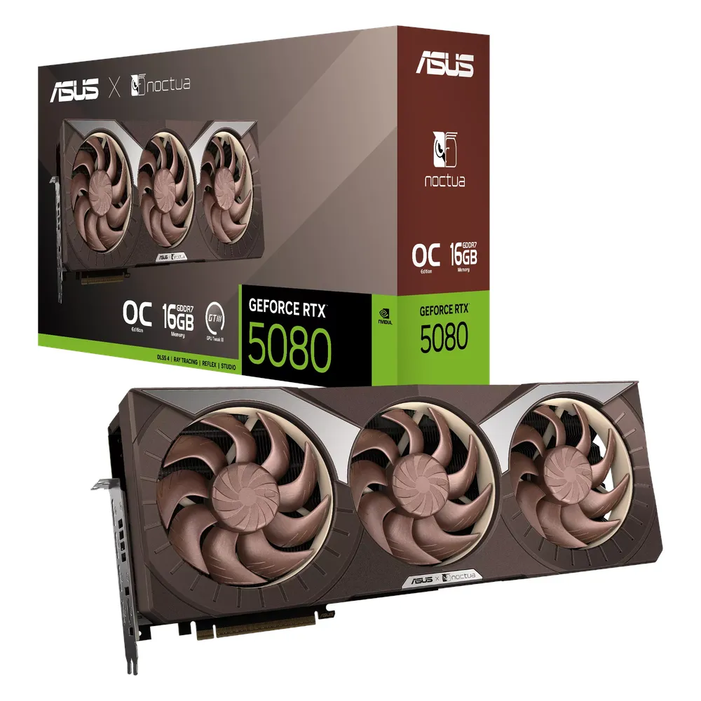 Asus Noctua OC Edition GeForce RTX 5080 Graphics Card, GDDR7 16GB 256-bit Memory, HDMI 2.1b & DP 2.1b Outputs, PCI Express 5.0, 2730 MHz OC Core Clock, 30 Gbps Memory Clock, Dual Noctua NF-A12x25 PWM Fans, 1801 AI TOPS, 1 Year Warranty