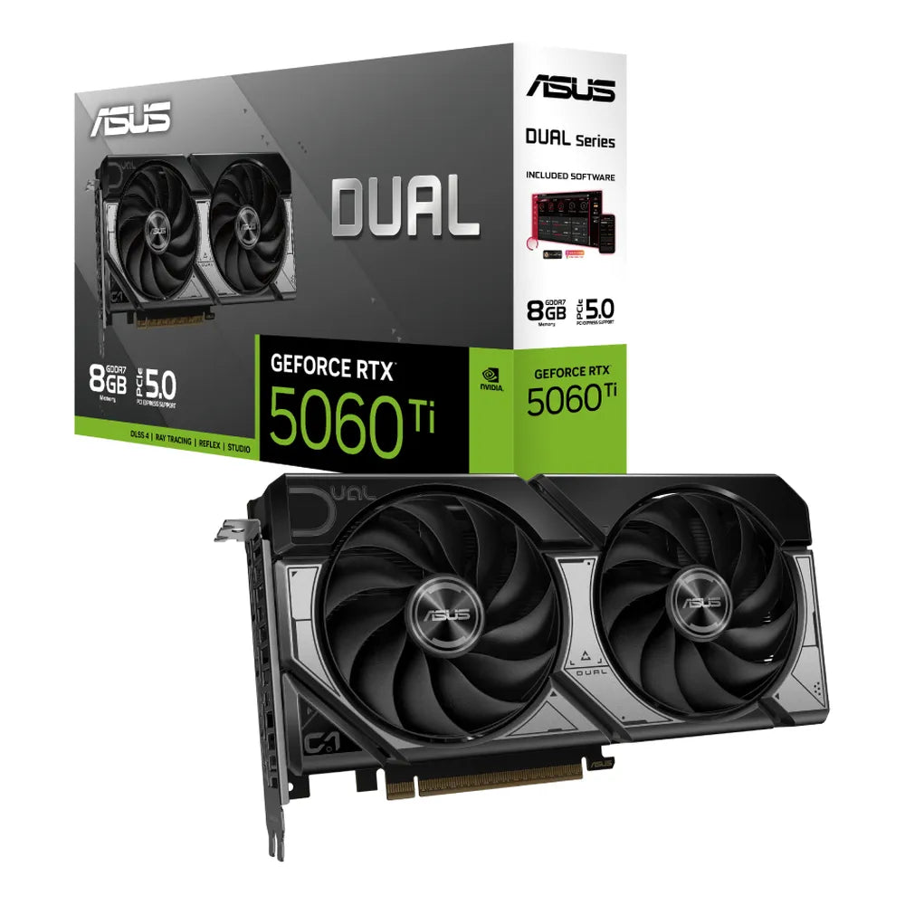 Asus Dual GeForce RTX 5060 Ti OC Edition Graphics Card, GDDR7 8GB 128-bit Memory, HDMI 2.1b & DP 2.1b Outputs, Dual Fan Axial-tech Cooling System, 759 AI TOPS, 1 Year Warranty