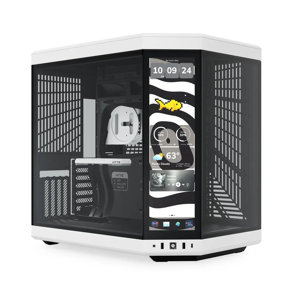 Hyte Y70 Touch Infinite Dual Chamber Mid-Tower ATX Case, 3-Piece Panoramic Glass, 14.9" Integrated IPS Touchscreen Display, 422mm GPU Support, USB 3.2 Gen 2, Panda (Black & White), 1 Year Warranty