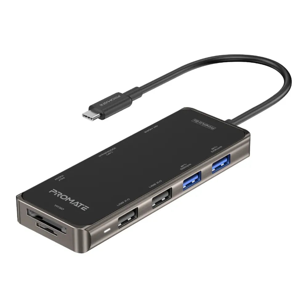 Promate PrimeHub-Go 9-in-1 USB-C Hub, 100W Power Delivery, 4K Display Support, HDMI, USB-A 3.0, USB-A 2.0, Ethernet, SD/TF Card Slot, Black, 1 Year Warranty
