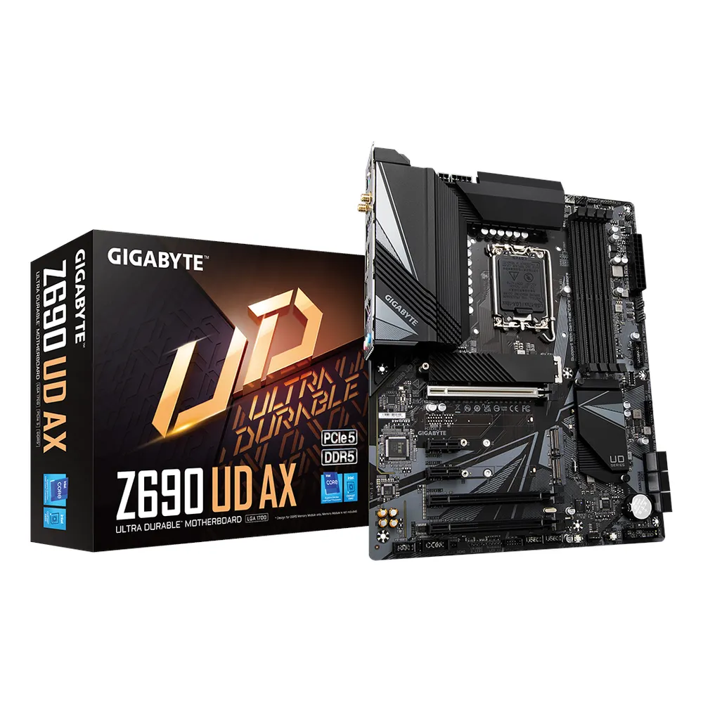 Gigabyte Z690 UD AX Motherboard, LGA1700 Socket, ATX Form Factor, DDR5 Ram, PCIe 5.0, Wi-Fi 6, Bluetooth v5.2, HDMI, DisplayPort, Realtek 2.5Gb Ethernet, USB 3.2 Gen 2x2 Type-C, 1 Year Warranty