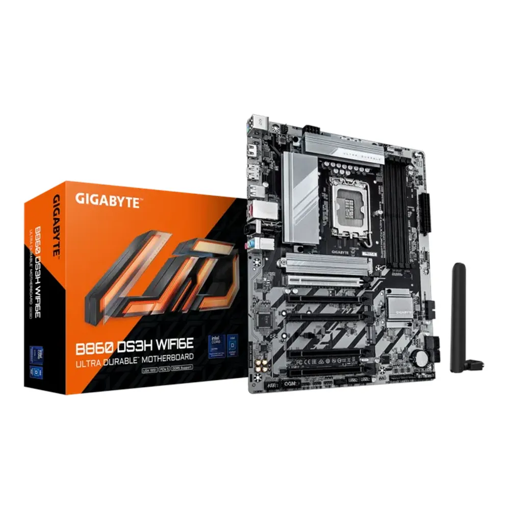 Gigabyte B860 DS3H WIFI6E ATX Motherboard, Intel LGA1851 Socket, Intel B860 Chipset, DDR5, PCIe 5.0, 2 M.2 Slots, Realtek 2.5GbE Ethernet, Wi-Fi 6E & Bluetooth 5.3, 1 Year Warranty