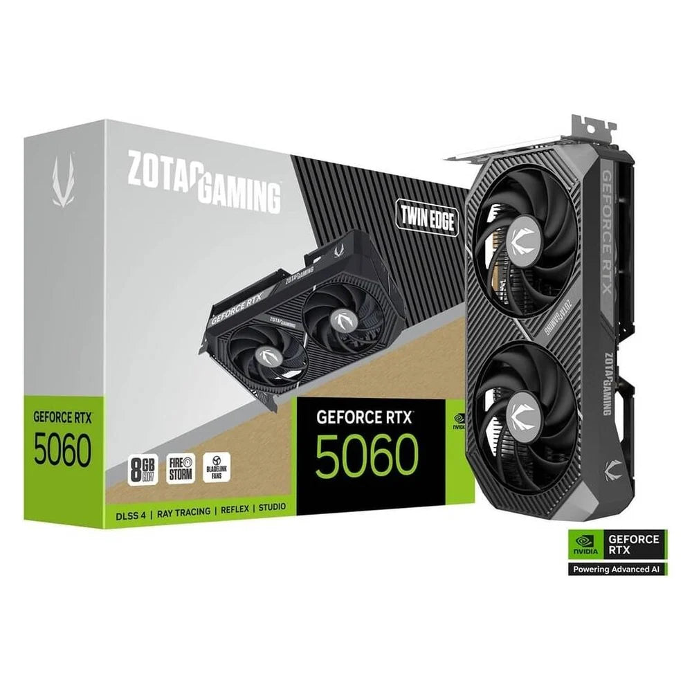 Zotac Gaming GeForce RTX 5060 Twin Edge Graphics Card, GDDR7 8GB 128-bit Memory, HDMI & DP Outputs, PCI Express 5.0, 2497 MHz Engine Clock, 28 Gbps Memory Clock, 1 Year Warranty