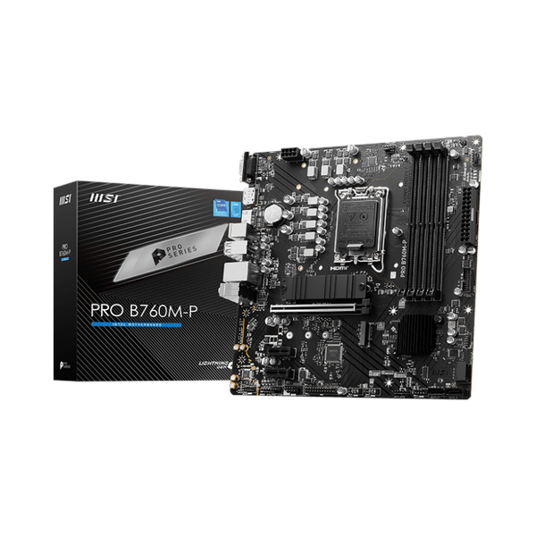 Msi PRO B760M-P Motherboard, LGA 1700 Socket, mATX Form Factor, DDR5 Ram, PCIe 4.0, USB 10 GBps, HDMI 1.4, VGA, Realtek RTL8111H Gigabit LAN, PCI-E Steel Armor, 1 Year Warranty