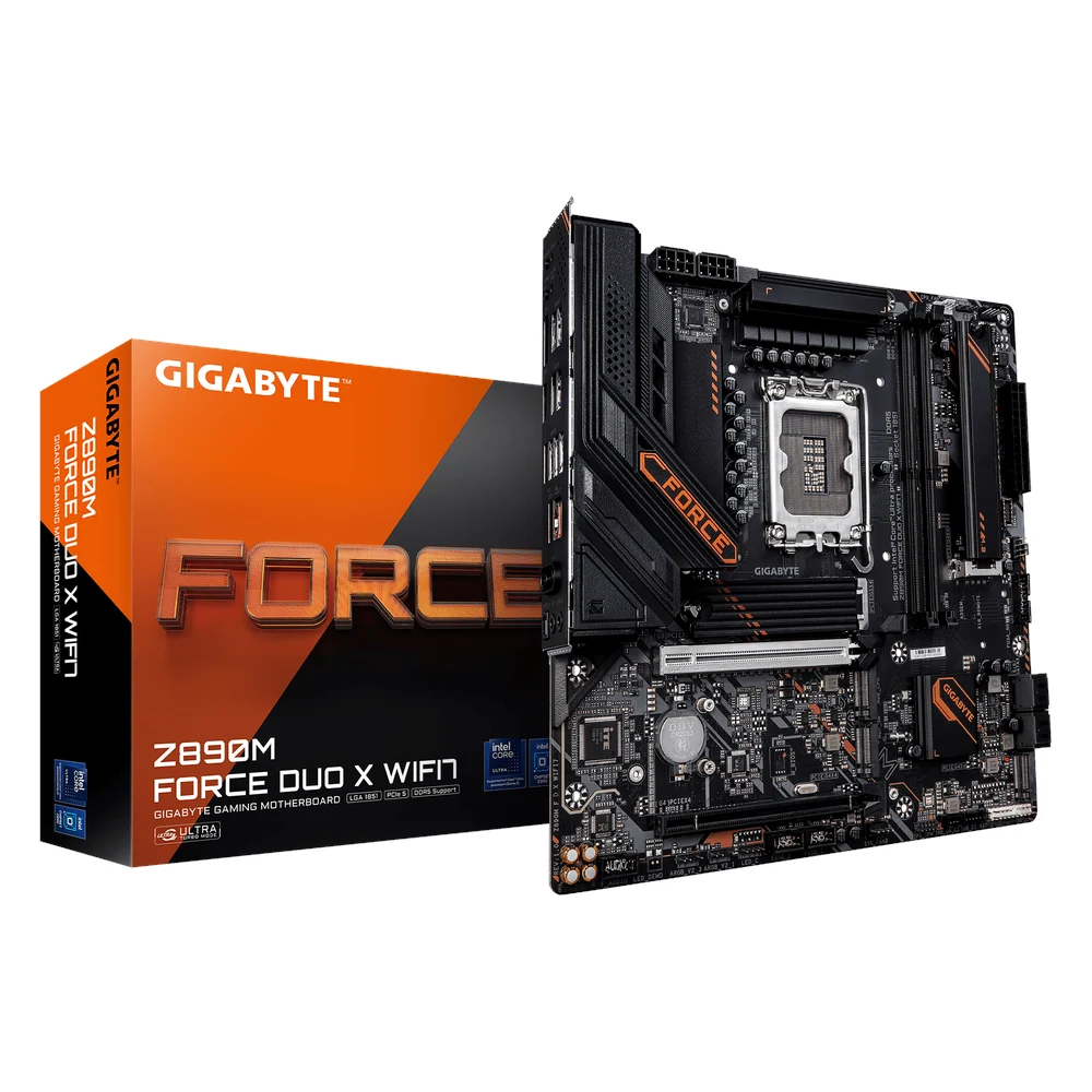 Gigabyte Z890M FORCE DUO X WIFI7 Motherboard, LGA1851 Socket, mATX Form Factor, DDR5 Ram, PCIe 5.0, Wi-Fi 7, Bluetooth v5.4, DisplayPort, USB4 Type-C, Realtek 5Gb Ethernet, 1 Year Warranty