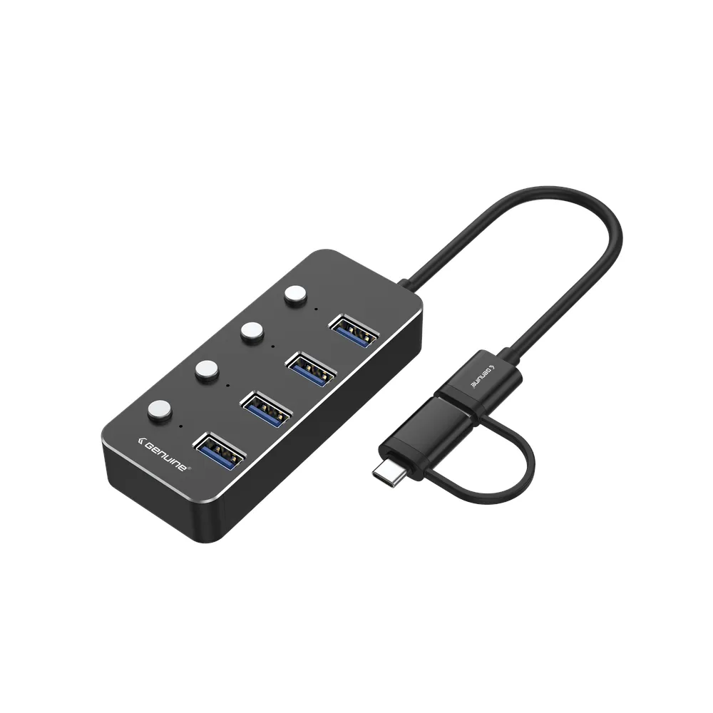 Genuine 4 Port USB 3.0 HUB, 180mm Cable Length, Input USB A + C 3.0 Male, Transfer rate up to 5Gbps, Black/Silver/Customized, 1 Year Warranty