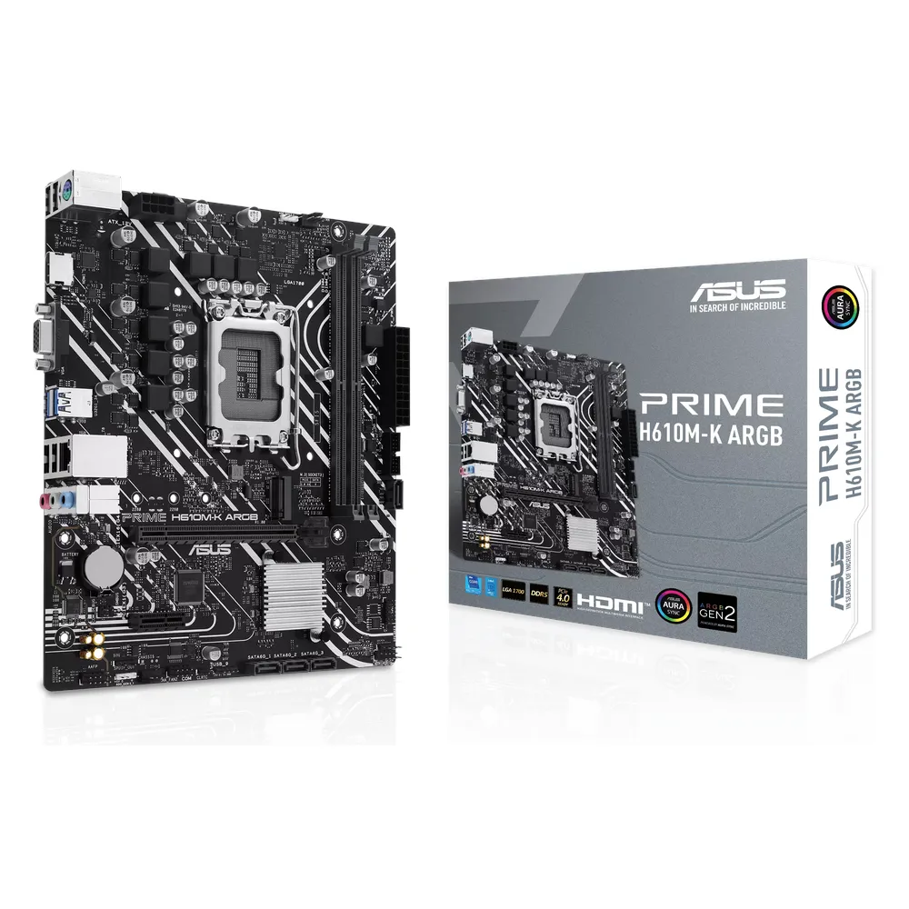Asus PRIME H610M-K ARGB Gaming Motherboard, LGA1700 Socket, mATX Form Factor, DDR5 Ram, PCIe 4.0, USB 5Gbps, HDMI, VGA, Realtek 1Gb Ethernet, Aura Sync, 1 Year Warranty