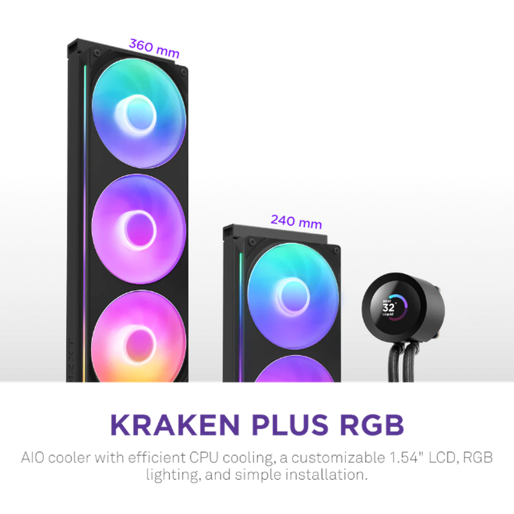 NZXT Kraken Plus 240 RGB AIO Liquid Cooler, 1.54" TFT LCD Display, Supports Intel, AMD Sockets, F240 RGB Fan Core, Black, 1 Year Warranty