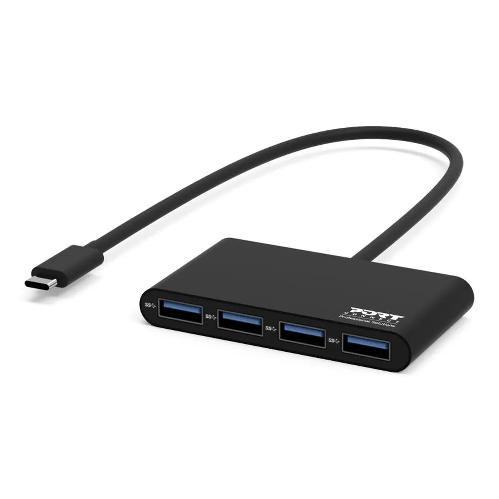 Port Connect 4-Port USB-C to USB 3.0 Hub, 5Gbps Data Transfer, 30 cm Cable Length, Compact and Lightweight Design, Black, 1 Year Warranty