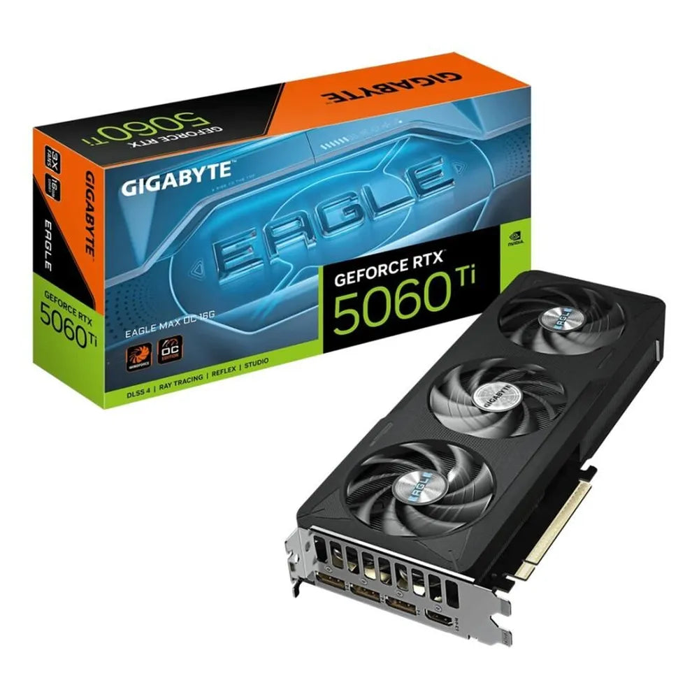 Gigabyte EAGLE MAX OC GeForce RTX 5060 Ti Graphics Card, GDDR7 16GB 128-bit Memory, HDMI 2.1b & DP 2.1b Outputs, PCI Express 5.0, 2617 MHz Core Clock, 28 Gbps Memory Clock, Triple Windforce Hawk Fans, 1 Year Warranty