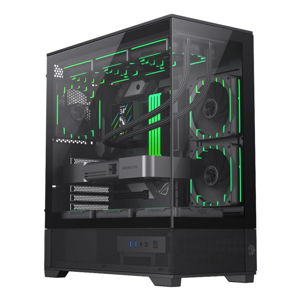 GameMax Vista2 AB Mid Tower PC Casing, Tempered Glass Side Panel, 3 x Pre-installed Tornado T12 ARGB Fans, V5.0 PWM ARGB Hub, USB 3.2 Gen2 Type-C & Gen1 Type-A, Black, 1 Year Warranty