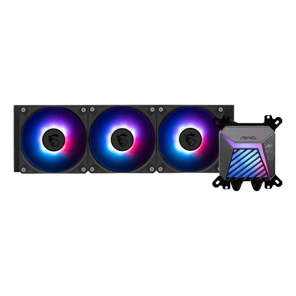 MSI MAG CORELIQUID A15 360mm AIO Liquid Cooler, 360 mm Radiator, ARGB Gen2 Lighting, Copper Cold Plate, Supports Intel, AMD Sockets, 3 x Fans, Black, 1 Year Warranty