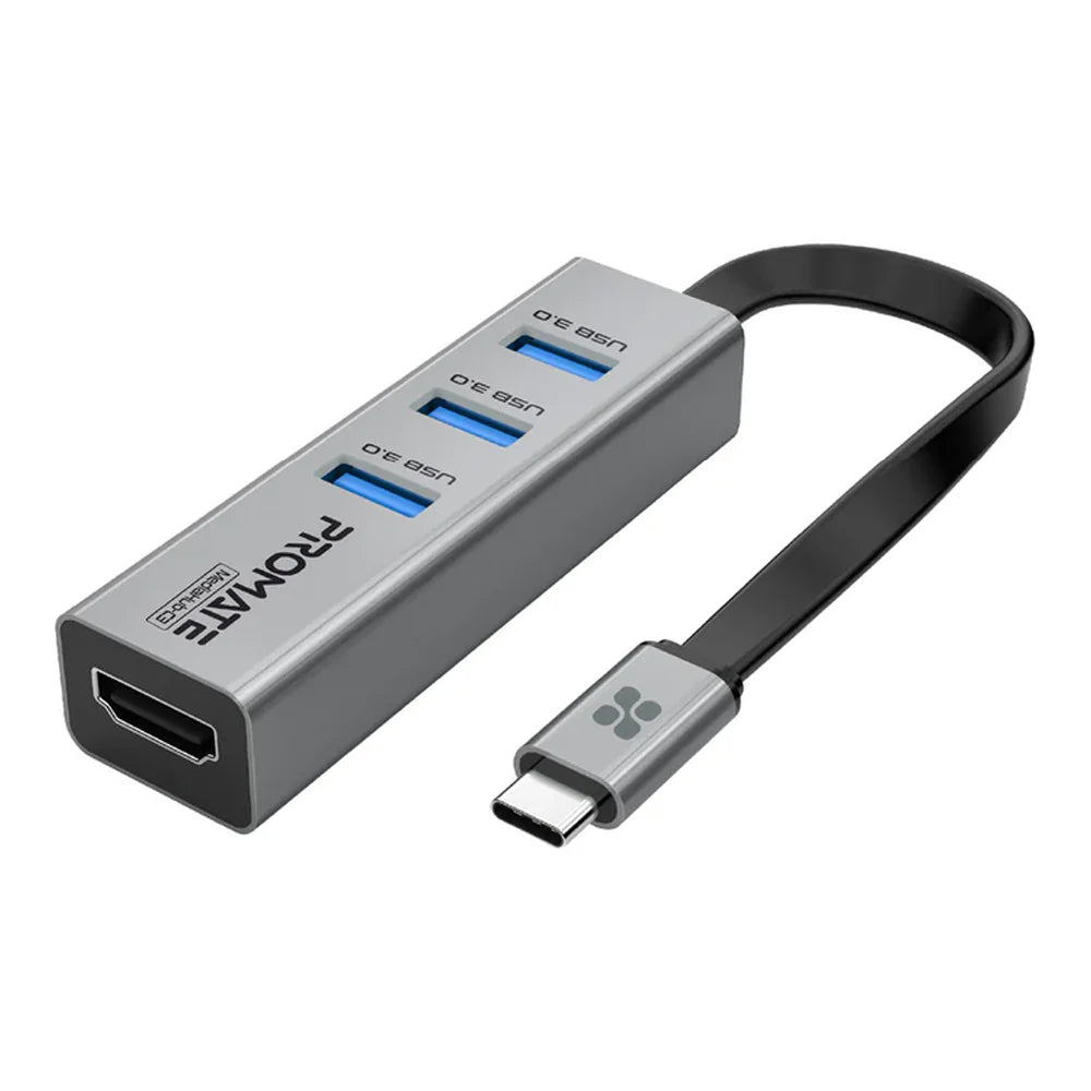 Promate USB Type-C to HDMI & 3x USB 3.0 Hub Adapter, 3 x USB 3.0 Type-A Ports, HDMI Port, Aluminum Styling, 15cm Cable Length, Black, 1 Year Warranty