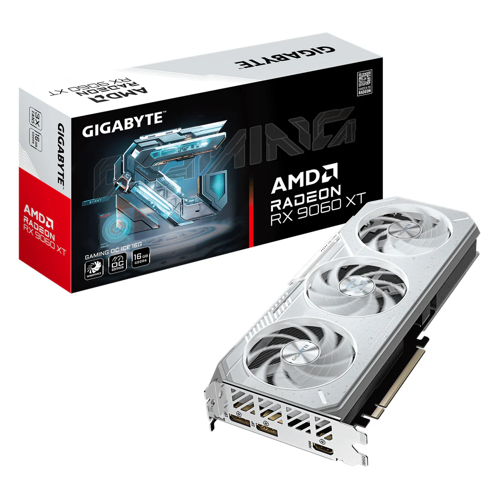 Gigabyte AMD Radeon RX 9060 XT GAMING OC ICE Graphics Card, GDDR6 16GB 128-bit Memory, DisplayPort 2.1a & HDMI 2.1b, PCI Express 5.0, Up to 3320 MHz Boost Clock, 20 Gbps Memory Clock, WINDFORCE Cooling System, White, 1 Year Warranty