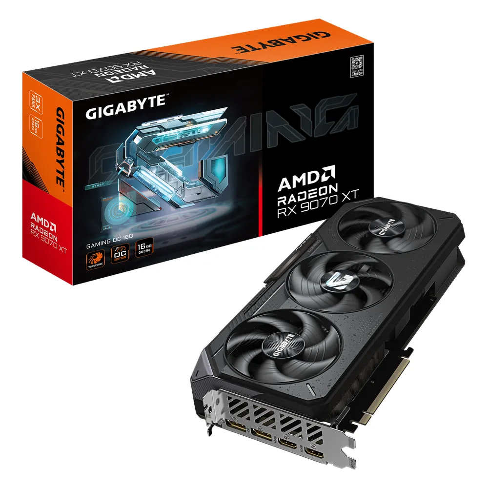 Gigabyte GAMING OC AMD Radeon RX 9070 XT Graphics Card, GDDR6 16GB 256-bit Memory, HDMI 2.1b & DP 2.1a Outputs, PCI Express 5.0, 3060 MHz Boost Clock, 20 Gbps Memory Clock, Triple Fan Windforce Cooling System, Dual BIOS, RGB Lighting, 1 Year Warranty