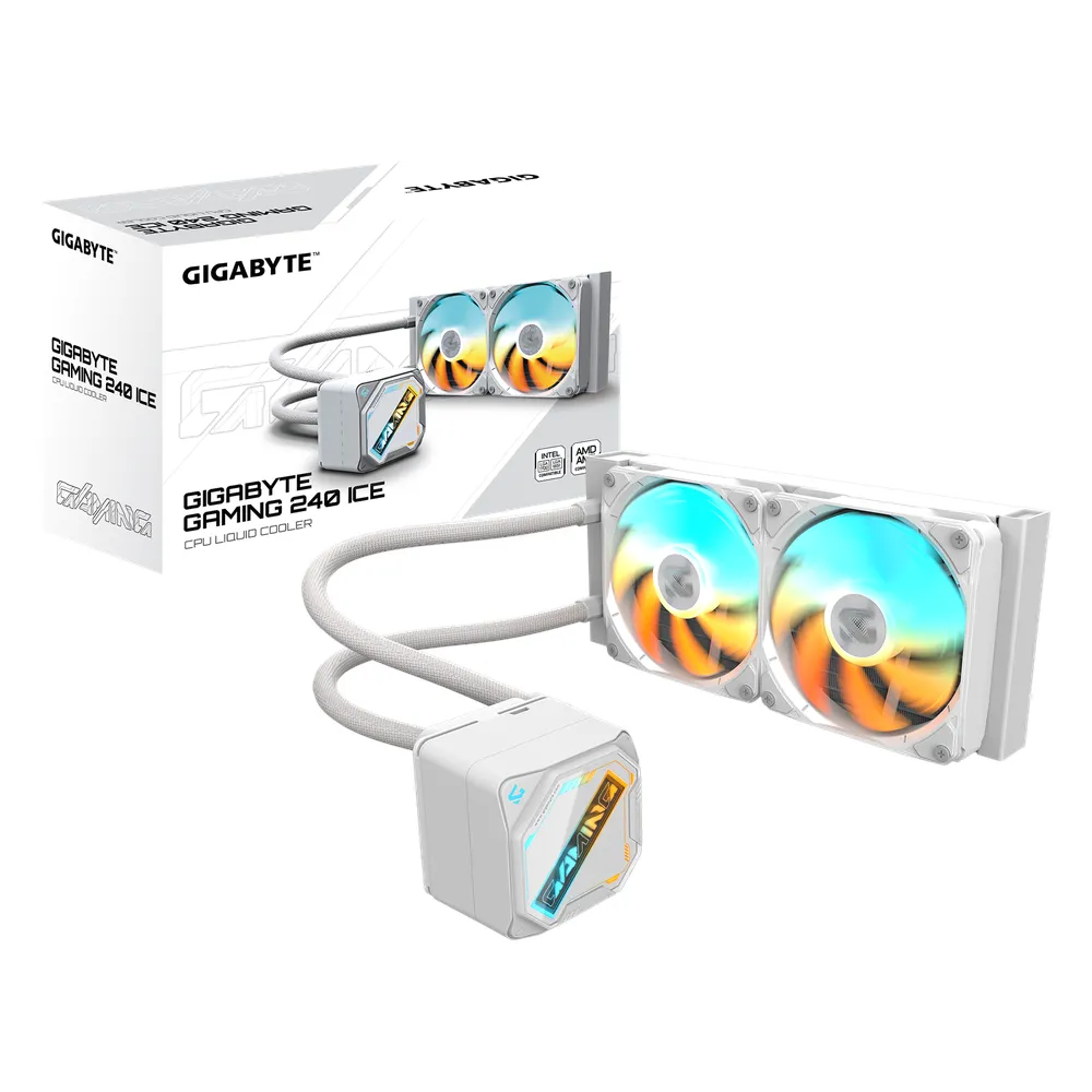Gigabyte Gaming 240 ICE AIO Liquid Cooler, 240 mm Radiator, ARGB Magnetic Pump Cap, Replaceable Light Panel, Copper Block, Supports Intel, AMD Sockets, 120mm ARGB Fans, White, 1 Year Warranty