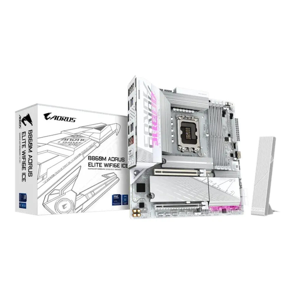 Gigabyte B860M AORUS ELITE WIFI6E ICE Motherboard, LGA1851 Socket, mATX Form Factor, DDR5 Ram, PCIe 5.0, Wi-Fi 6E, Bluetooth v5.3, HDMI, DisplayPort, USB4 Type-C, Realtek 2.5Gb Ethernet, 1 Year Warranty