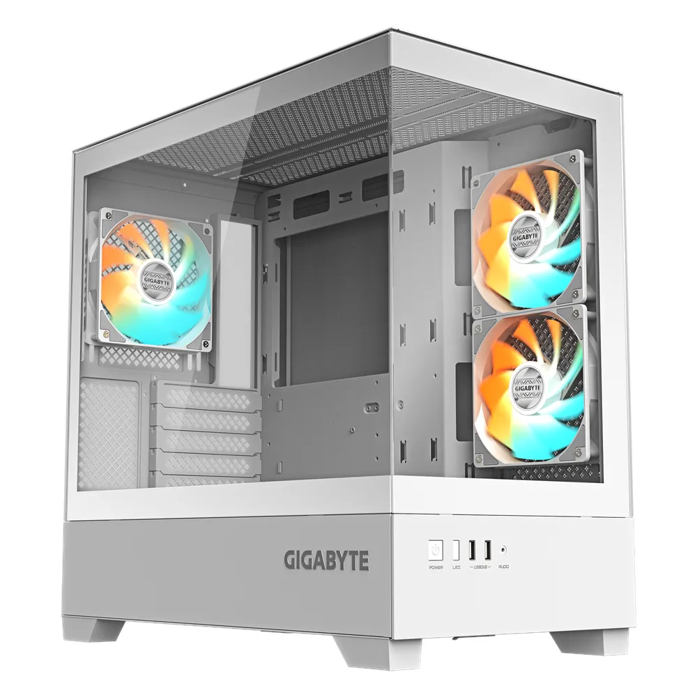 Gigabyte C201 Panoramic Ice Micro-ATX Tower PC Casing, Tempered Glass Side & Front Panels, 3 x Pre-installed ARGB Fans, Removable Dust Filters, 410mm GPU Support, USB 3.0, White, 1 Year Warranty