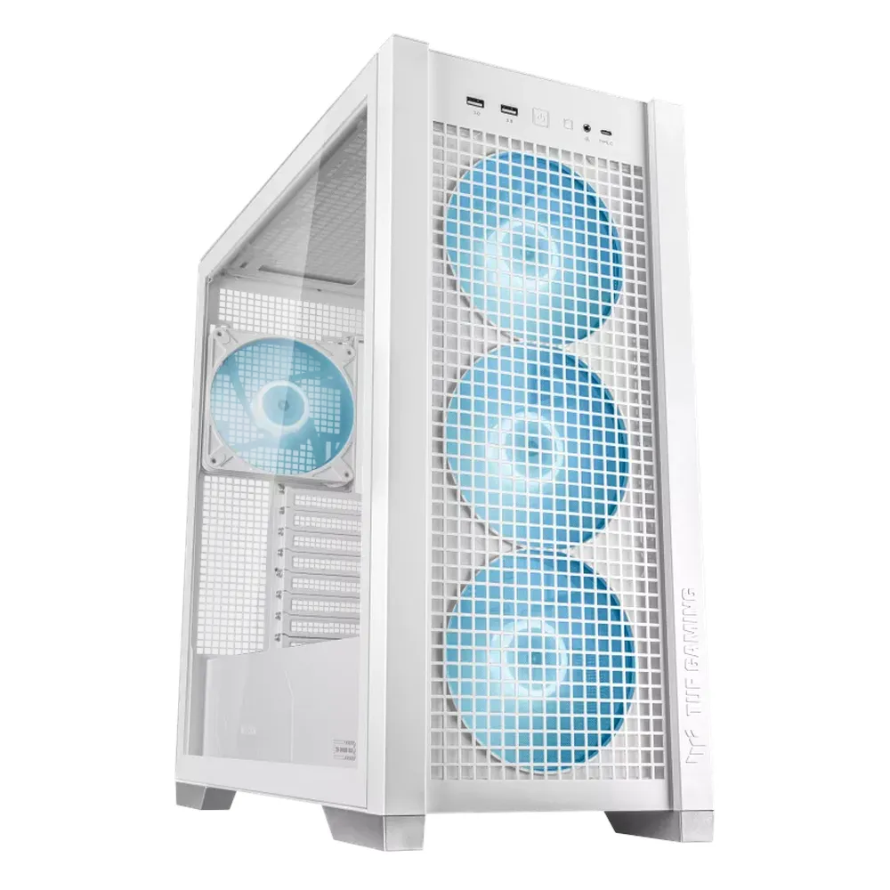 Asus TUF Gaming GT302 ARGB E-ATX Tower PC Case, Detachable top panel, Tempered Glass Side Panel, Removable Dust Filters, 4 x Pre-installed ARGB Fans, 407mm GPU Support, USB 3.2 Gen 2, Aura Sync, White, 1 Year Warranty