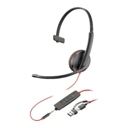 Poly Blackwire 3325 Stereo USB-C Headset, 3.5mm Plug + USB-C/A Adapter, Noise Cancelling Microphone, 32mm Speaker Size, Black, 1 Year Warranty