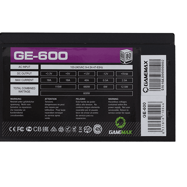 GAMEMMAX GE-600 600 Watts 80Plus Basic 1 Year Warranty