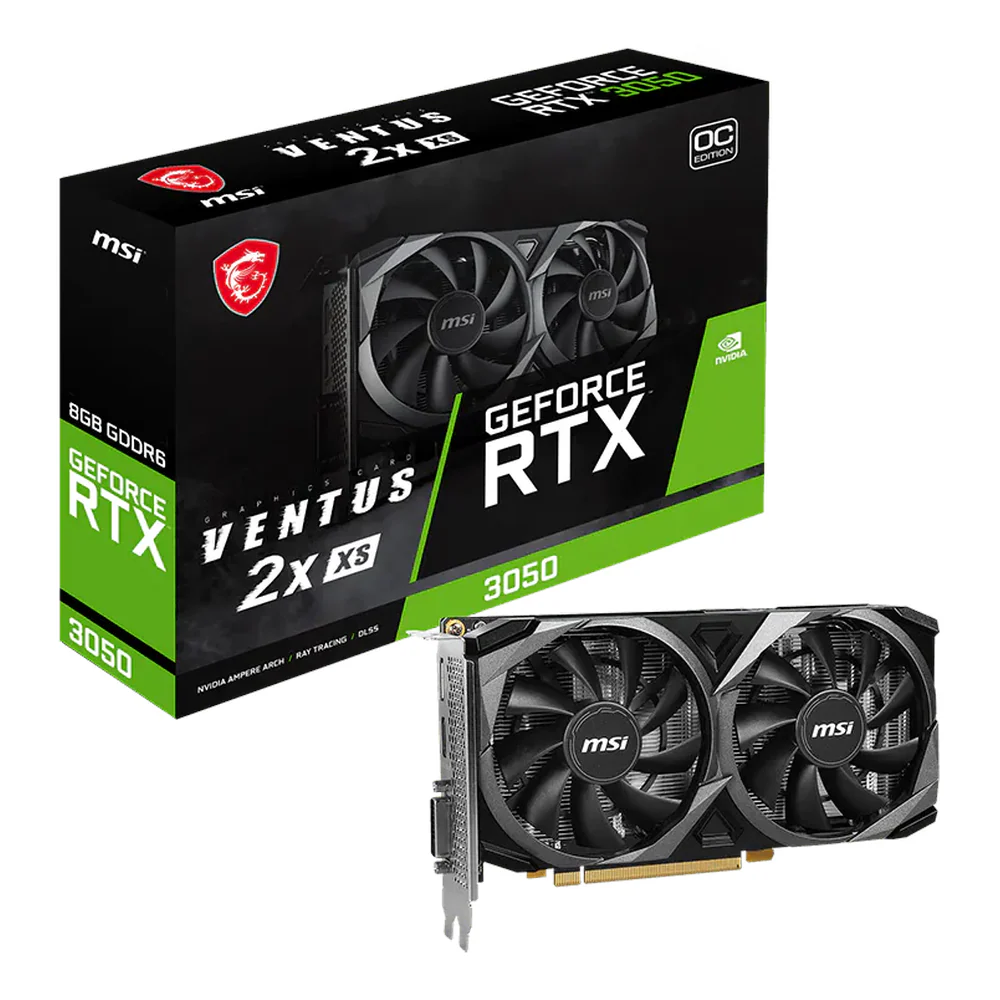 MSI GeForce RTX 3050 Ventus 2X XS OC Graphics Card, GDDR6 8GB 128-bit Memory, DisplayPort v1.4a, HDMI, DL-DVI-D Outputs, PCI Express 4.0, 1 Year Warranty
