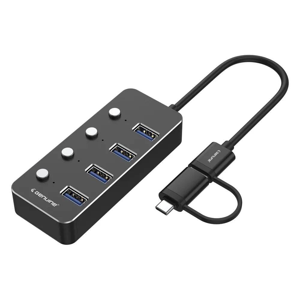 Genuine 4-Port USB 3.0 Hub, 180mm Cable Length, Aluminum + ABS Material, 5Gbps Transmission Speed, USB A+C Input, 1 Year Warranty