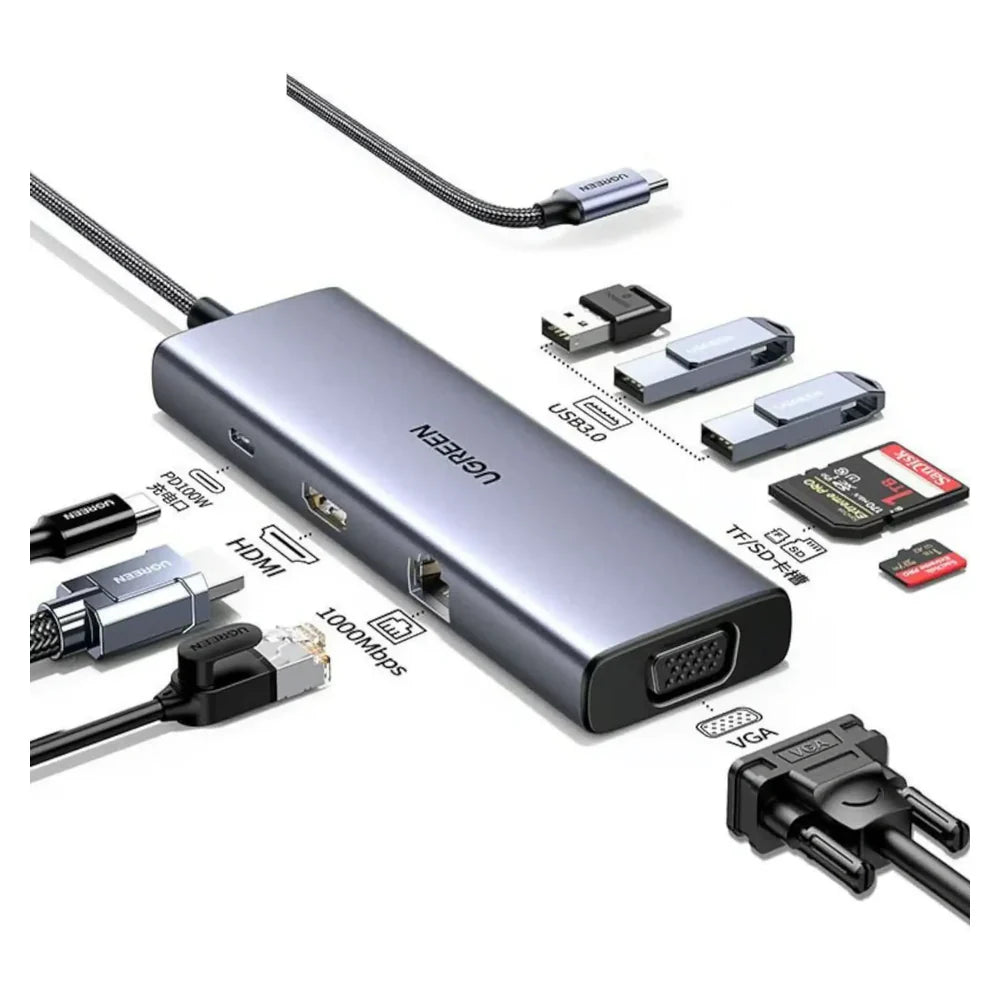 Ugreen USB-C to USB 3.0 9-in-1 Hub Adapter, 3 x USB-A 3.0, HDMI, VGA , RJ45 Gigabit Ethernet, SD & TF/microSD Card Reader, Aluminum Alloy, 20cm Cable Length, Grey, 1 Year Warranty