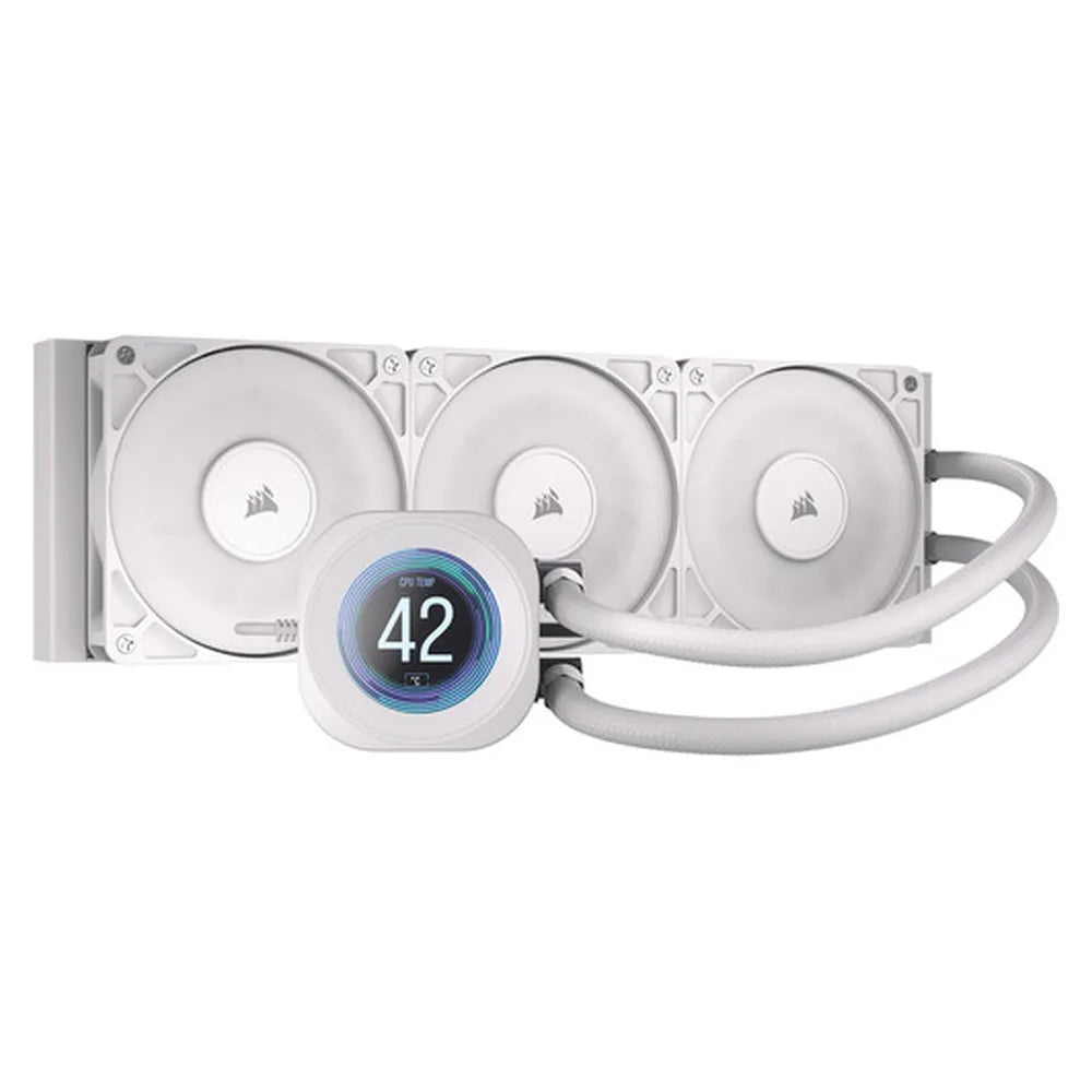 Corsair Nautilus 360 RS LCD Liquid CPU Cooler, 2.1" IPS LCD Screen, 360 mm Radiator, Copper Cold Plate, Supports Intel, AMD Sockets, PWM Fans, White, 1 Year Warranty
